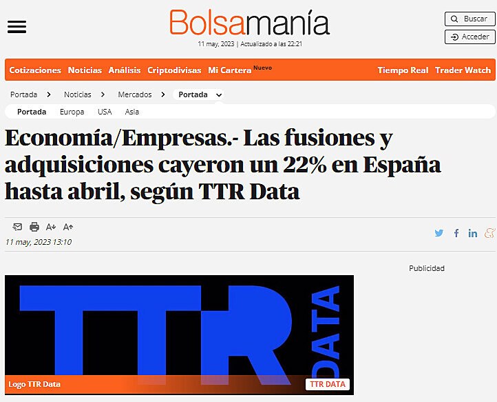Economa/Empresas.- Las fusiones y adquisiciones cayeron un 22% en Espaa hasta abril, segn TTR Data